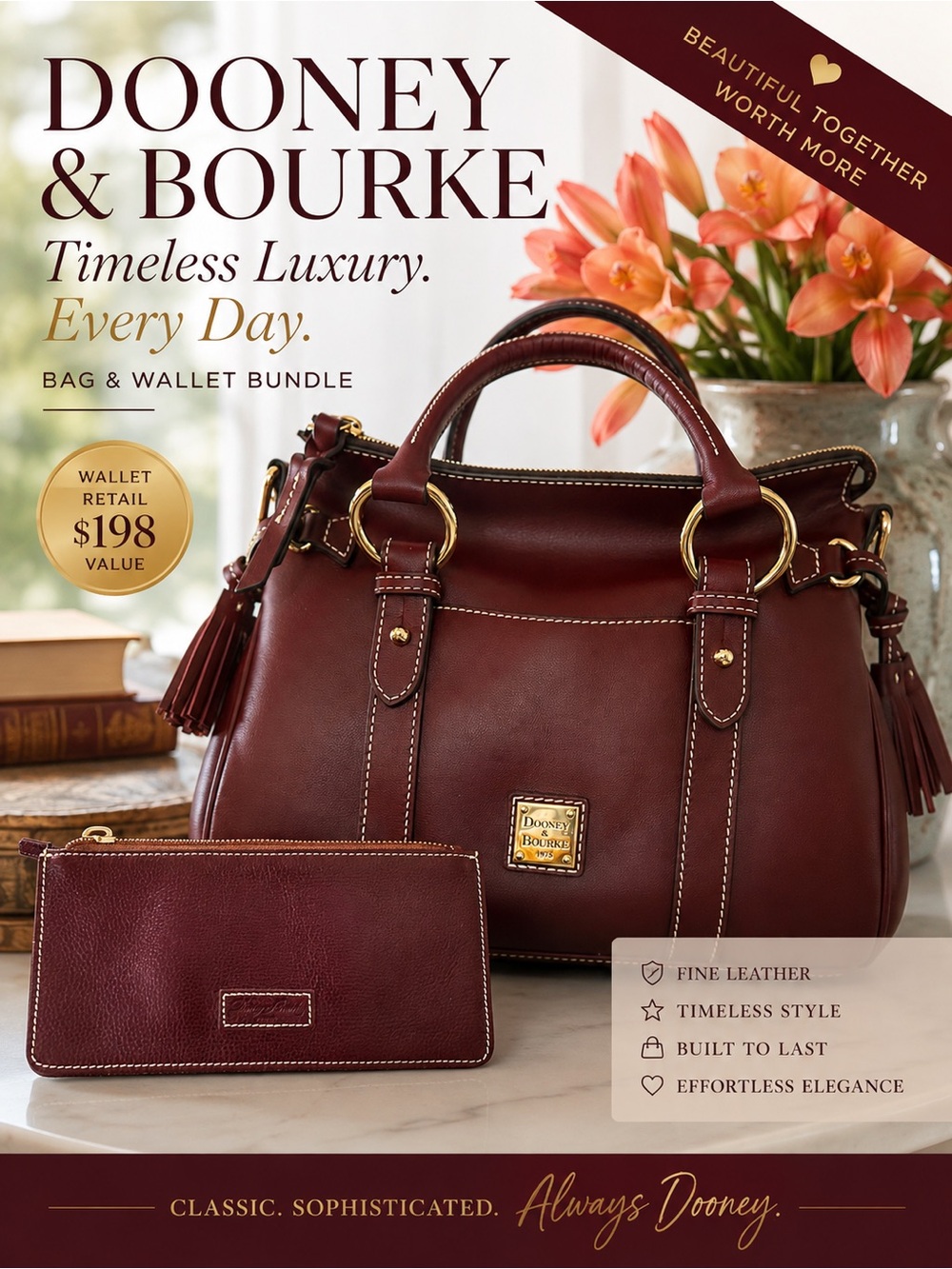Dooney & Bourke Smooth Italian  Burgundy Leather Satchel w/Wallet 8.5 x 4  Set